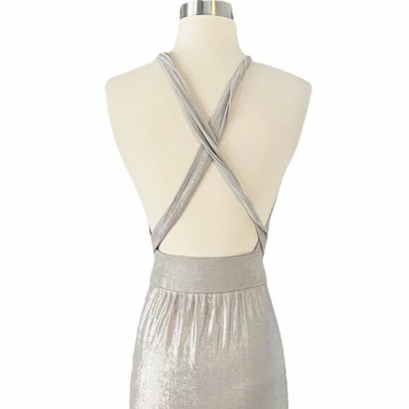 T. ZOVICH Maxi Dress Slinky Metallic Silver Multiway Halter Open Back Slits S/M - Picture 5 of 10